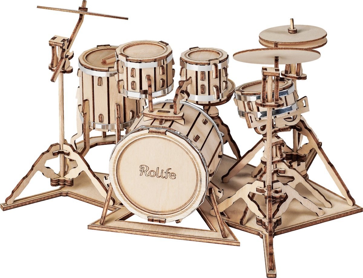 Robotime 3D Houtenpuzzel Muziekinstrument Drumstel, TG409, 19x13,5x11cm - Overig