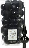 Decoris boules de Noël 31x pièces - noir 4/5/6 cm plastique mat/brillant/paillettes mix et étoile brillante verre 26 cm