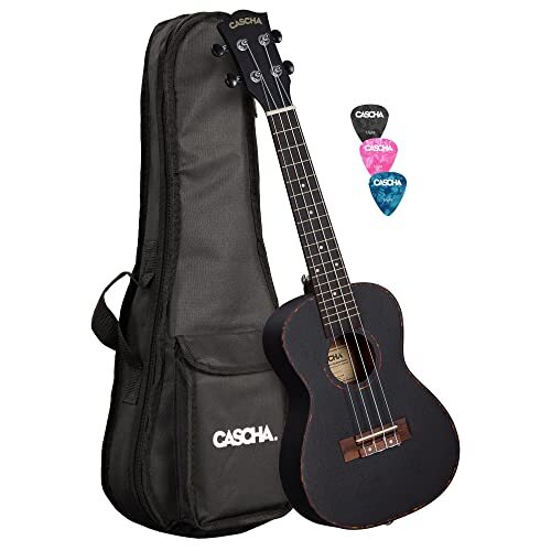 Cascha Concert ukelele zwart mahonie I ukelele starterkit 3 gekleurde plectrums tas gigbag I concert ukelele premium mahonie zwart I kleine Hawaii gitaar voor beginners gevorderden