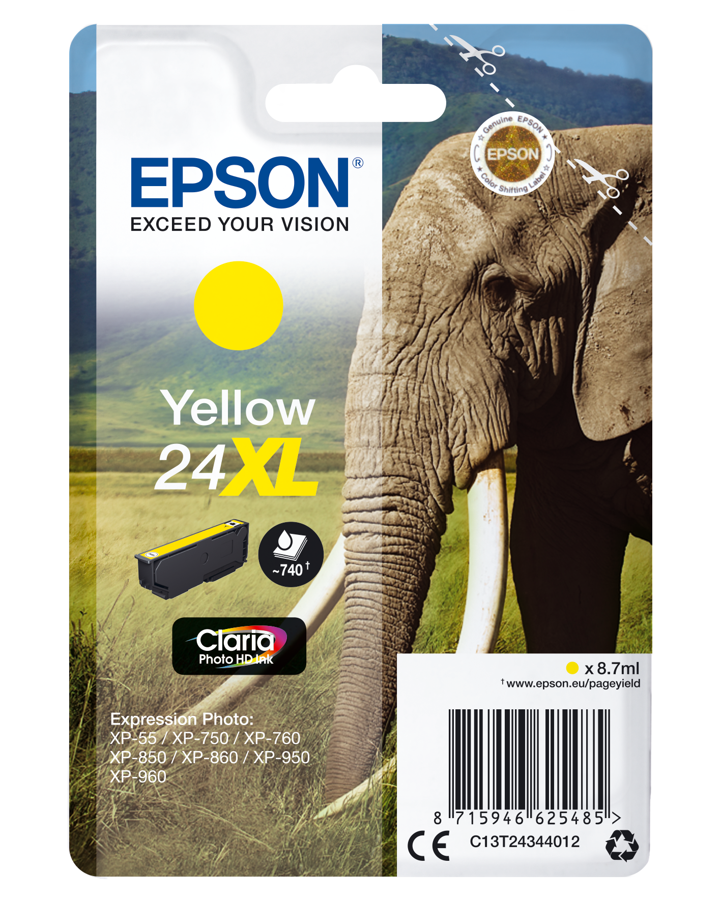 Epson Elephant Singlepack Yellow 24XL Claria Photo HD Ink single pack / geel