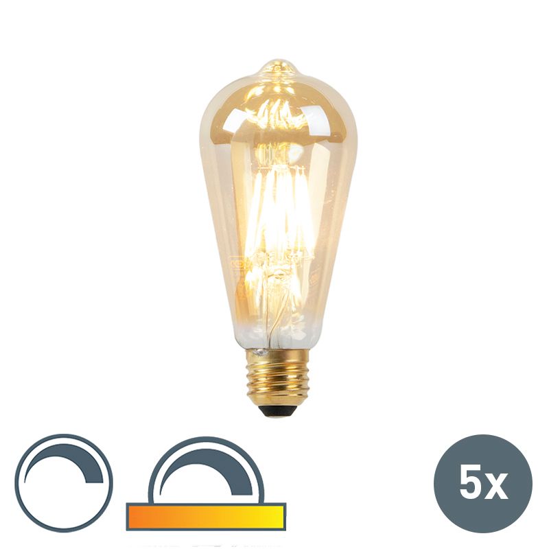 LUEDD Set van 5 LED lampen ST64 E27 8W 2000-2600K dim to warm goldline filament