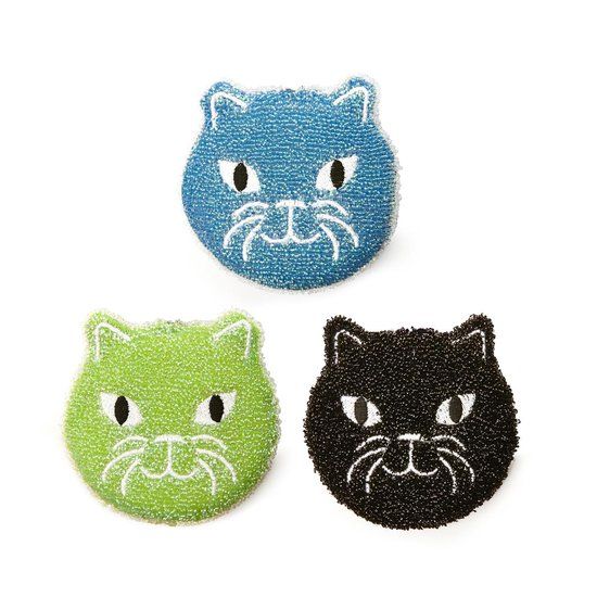 Kikkerland Afwassponsjes - Spons - Set van 3 - Kat Design