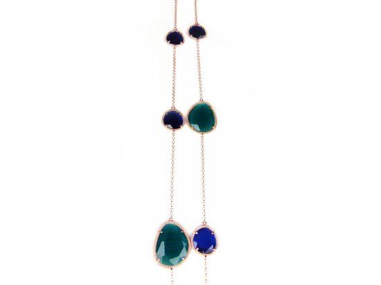 Lange zilveren collier halsketting roos goud verguld Model Magic Colors met blauwe en groene stenen