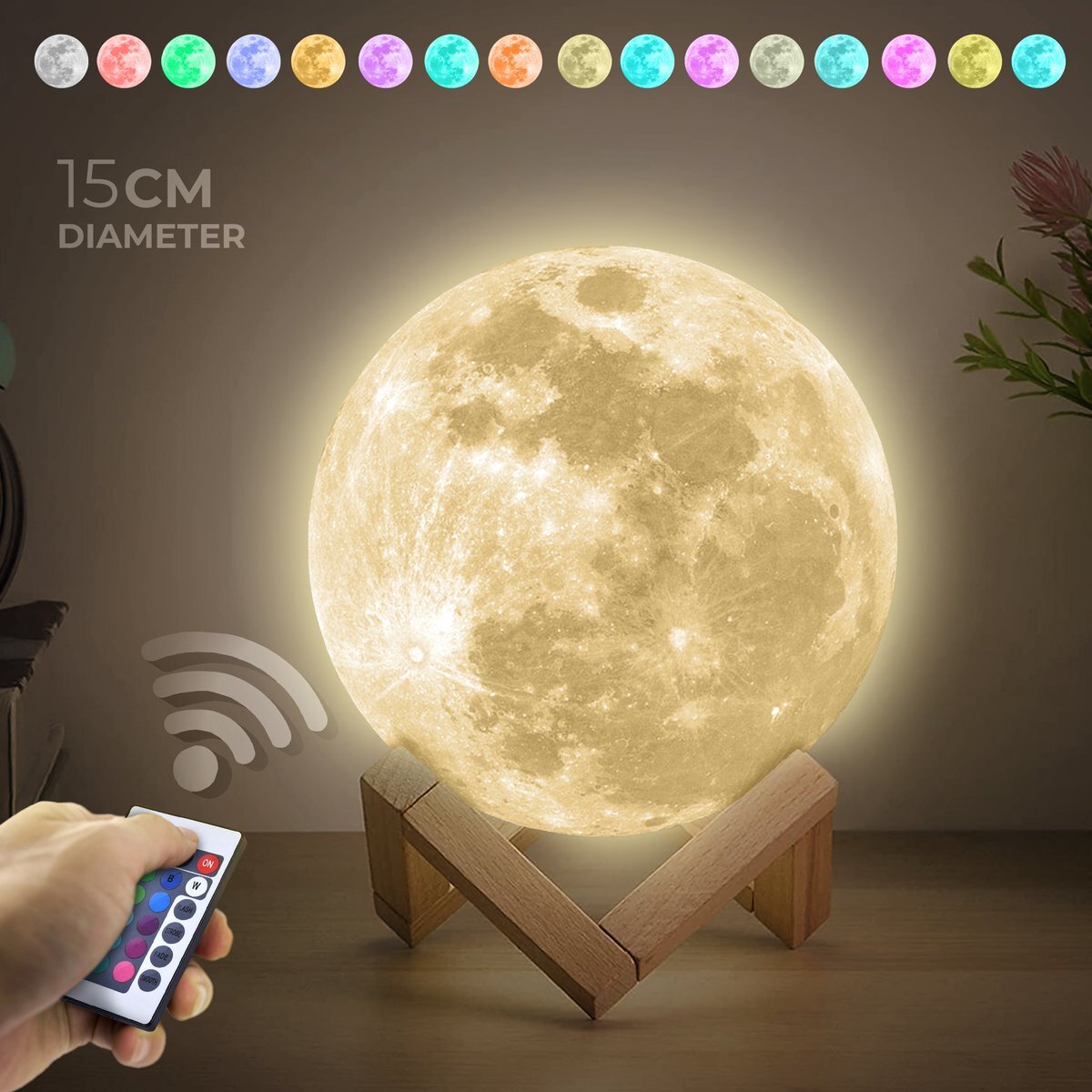 Nuvance - Maanlamp 3D Tafellamp - 15 cm - met Afstandsbediening - 16 Dimbare RGB Kleuren - Maan Lamp - Moon Lamp - Maan Lampje Babykamer - Nachtlampje Kinderen voor Slaapkamer