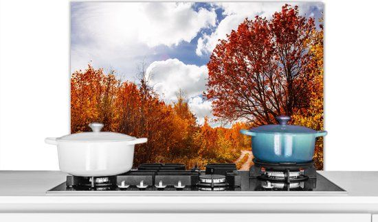 KitchenYeah - Spatscherm - Boom - Herfst - Rood - Lucht - 90x60 cm - Muurbeschermer