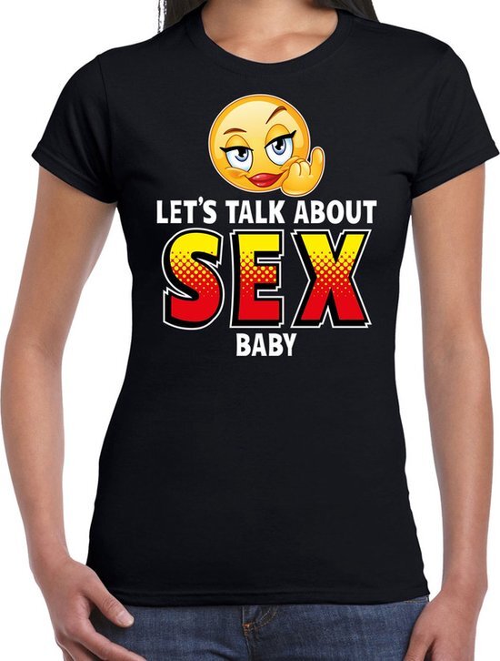 Bellatio Decorations Funny emoticon t-shirt Lets talk about sex zwart dames S