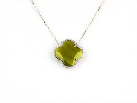Zilveren ketting model Fiori met klaver - 45 cm - Kaki groen