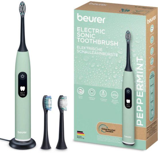 Beurer SC 50 Sonische Elektrische Tandenborstel - Peppermint - 5 Poetsstanden - Druksensor & Timer - 22 dagen Accuduur - 2 Opzetborstels - USB Laadplaat - Gerecycled materiaal - 3 Jaar Garantie
