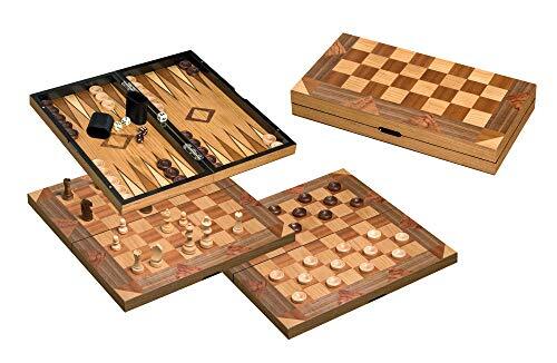 Philos 2522 - Schach Backgammon Dame-set, veld 43 mm, koninghoogte 77 mm, Staunton design, natuur en bruin gebeitst, gewaast, inclusief speelstenen, blokjes en dobbelstenen