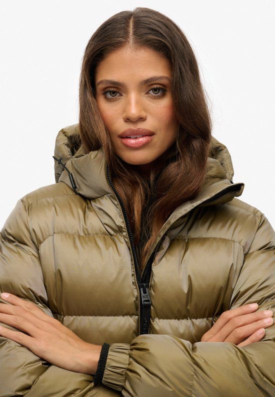 Superdry Hooded Luxe Sports Puffer Winterjas Dames - Maat 10 - Kaki - Maat 38