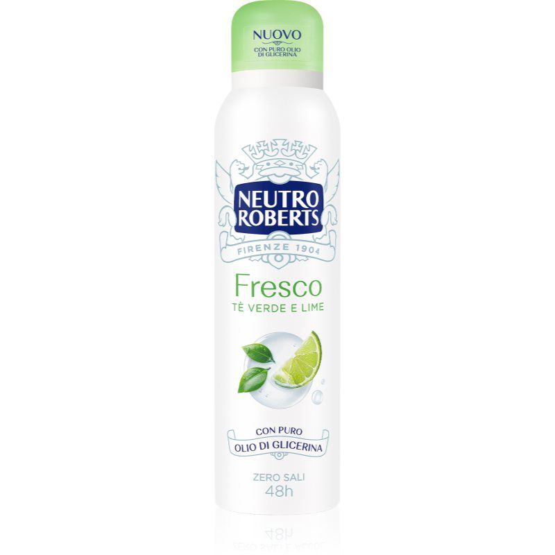 Neutro Roberts Deodorant Spray Fresh Green Green Tea and Lime Aluminum-Free Stain-Free with Pure Glycerin Oil Deodorant for Men and Women Dermatologically Tested 150ml 48h Green Tea and Lime