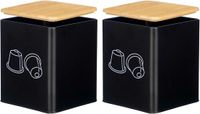 Kinvara Porte-gobelets/capsules à café - 2x - métal - 14 x 14 x 16 cm - pour 50 capsules - noir - couvercle en bambou
