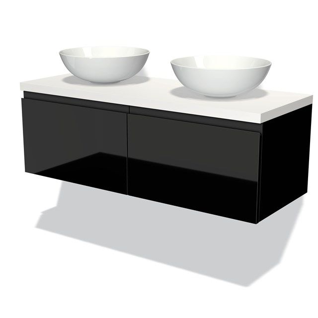 Maxaro Badkamermeubel Modulo Plato 120cm Hoogglans Zwart 2 Lades Greeploos Mat Wit Blad