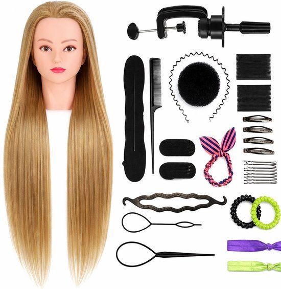 SassyGoods Kappershoofd Oefenhoofd Kapperspop met Statief en Styling Accessoires - Kappers Hoofd - Blond Haar - 70 cm