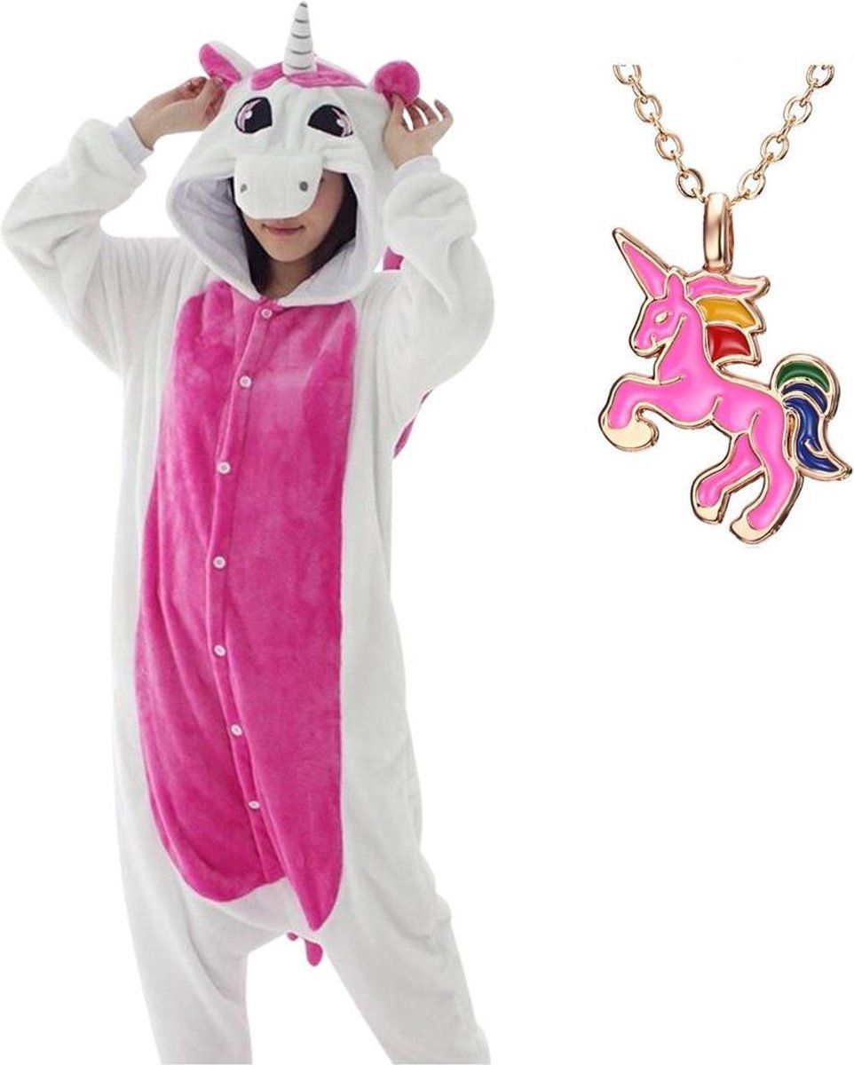 Spaansejurk NL Eenhoorn Onesie Pegasus roze huispak kostuum kinderen - 104-110 (110) + GRATIS ketting verkleedkleding jurk