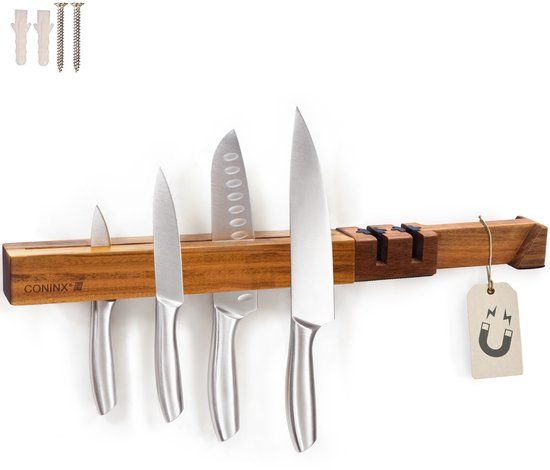 Coninx Grote Messenmagneet 40CM met Messenslijper - Houten Messenhouder Magnetisch - Schroefbevestiging - Acacia Magnetisch Messenblok van Coninx - voor 6 tot 9 Keukenmessen