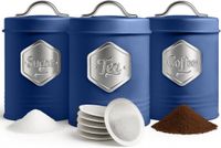 PromoHome 3x Voorraadpotten Set Thee Koffie Suiker Opbergset met Luchtdichte Deksel – Gelabelde Keukenbussen voor Thee, Koffie & Suiker – Metaal Grijs/Blauw