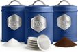 PromoHome 3x Voorraadpotten Set Thee Koffie Suiker Opbergset met Luchtdichte Deksel – Gelabelde Keukenbussen voor Thee, Koffie & Suiker – Metaal Grijs/Blauw