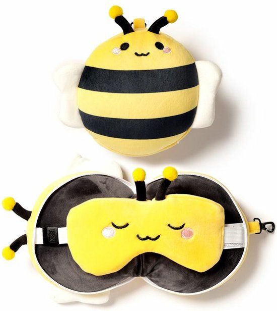 Reiskussen Relaxeazzz Bij knuffel/reiskussen/slaapmasker - 2-in-1 set - voor kinderen - in vliegtuig of auto - Geel
