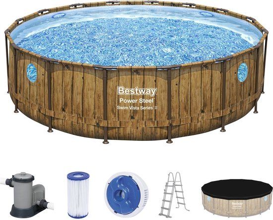 Bestway Power Steel Swim Vista Opzetzwembad - 488x122 cm - Rond - Houtprint - Incl. Filterpomp & Accessoires