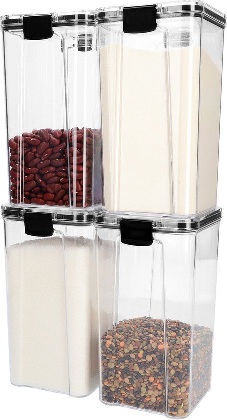 Krumble Voorraadpotten met deksel - Set van 4 - Kunststof - 1300 ml - Zwart - Transparant