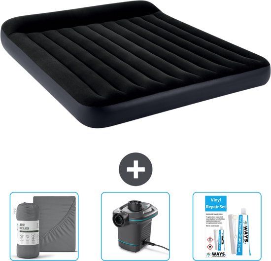 Intex Luchtbed - 2-Persoons - 183 x 203 x 25 cm - Donkerblauw - Pillow Rest Classic - Inclusief Hoeslaken, Pomp en Reparatieset