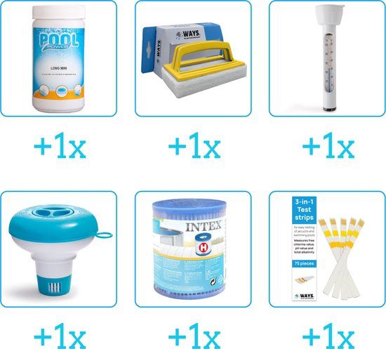 Zwembad Onderhoudsset - Startersset (6-delig) - Chloor, Borstel, Thermometer, Drijver, Filter, Teststrips - Voor Zwembaden en Spa's