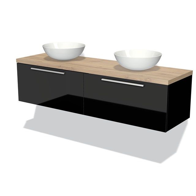 Maxaro Badkamermeubel Modulo Plato 160cm Hoogglans Zwart 2 Lades Lichtbruin Eiken