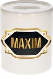 Bellatio Decorations Shoppartners Bv Spaarpot met voornaam Maxim - wit - met goud/zwart embleem - 8 x 9 cm - keramiek - met afsluitdop - cadeau verjaardag