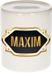 Bellatio Decorations Shoppartners Bv Spaarpot met voornaam Maxim - wit - met goud/zwart embleem - 8 x 9 cm - keramiek - met afsluitdop - cadeau verjaardag