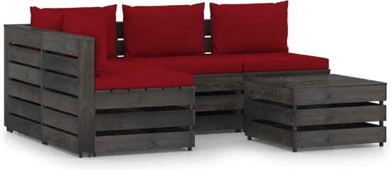 The Living Store Pallet Loungeset - Houten - Grenenhout - Modulair - 69x70x66cm - Wijnrood kussen