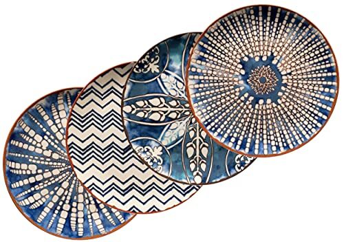 Mäser 934019 Iberico Blue Grote ronde borden in Moorse stijl met 4 verschillende patronen, wit-blauwe decoratieve borden in 4-delige set, ook ideaal als pizzaplaat en serveerbord, steengoed