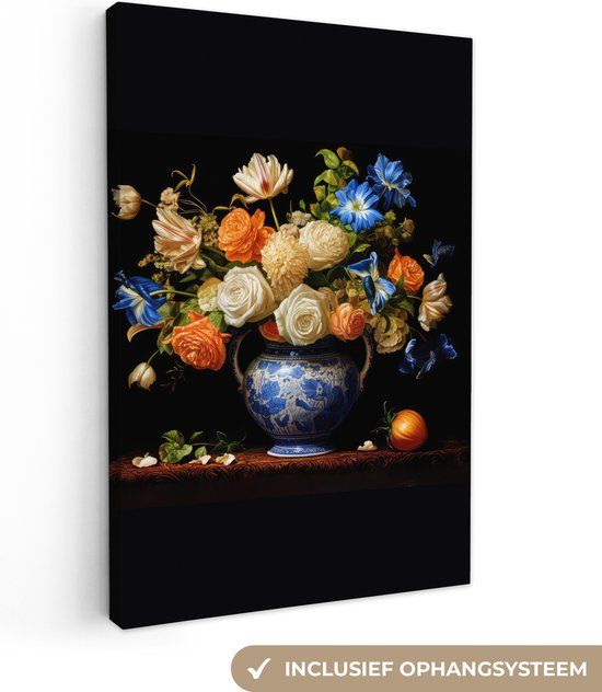 OneMillionCanvasses Canvas schilderij 120x180 cm - Bloemen - Vaas - Stilleven - Oranje - Wanddecoratie