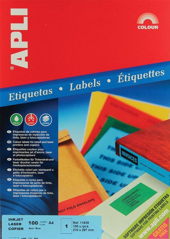 Apli Gekleurde etiketten formaat 210 x 297 mm blauw 100 stuks