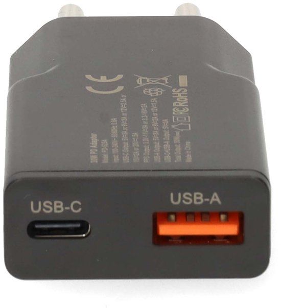 Nedis WCHA20BK 20W GaN Snellader met USB-A en USB-C Poorten, PD 3.0, Zwart