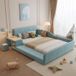 Ropilly Polsterbed 140x200 cm, blau, fluweelbed in blauw met een bureau en krukje aan de zijkant, geschikt voor kinderkamers en slaapkamers