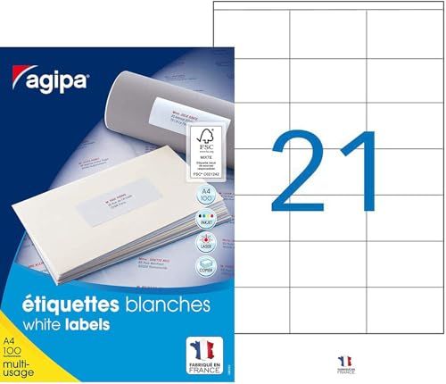 Apli Agipa Universal Labels, 70 x 42 mm, wit, rechthoekig voor inkjet / laserprinters en kopieerapparaten, niet verwijderbaar, 70 g / m² inhoud: 2100 labels per 100 vel A4