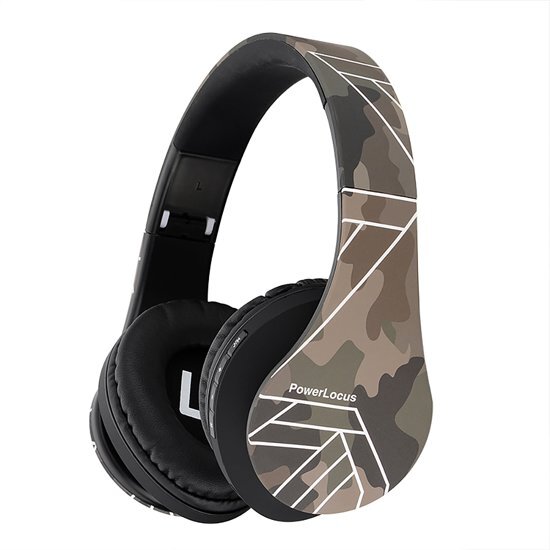 PowerLocus draadloze Bluetooth Koptelefoon Over Ear Inklapbaar wireless hoofdtelefoon ook met AUX kabel option SD-kaart Microfoon voor iPhone/Samsung/Huawei/ Mac/ iPad/PC â€“ Camo