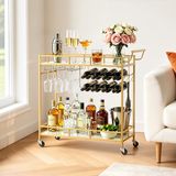 VEVOR Chariot de service à 2 niveaux, chariot de service avec étagères en verre réfléchissant, porte-verre, casier à vin et poignée, chariot à boissons comme chariot roulant pour salon, salle à manger et cuisine, chariot de cuisine en or