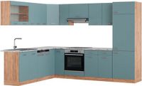 Vicco Hoekkeuken R-Line, Blauw-grijs/Goudkleurig Eiken, 287 x 227 cm, WB Marmer