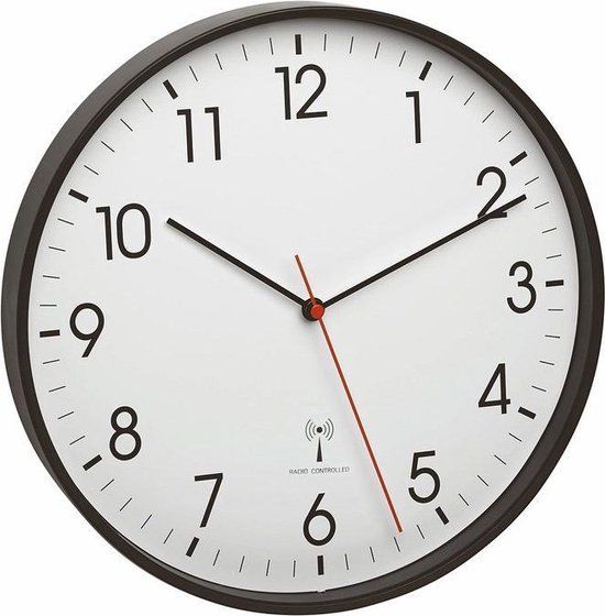 TFA Dostmann TFA Analoge Wandklok - Metalen Frame - Radiogestuurd - Stil Uurwerk - Wit/Zwart