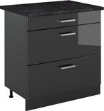 Vicco R-Line Keukenonderkast, Antraciet Hoogglans/Antraciet, 80 cm met 3 laden antraciet werkblad
