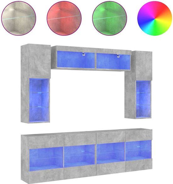 vidaXL 6-delige Tv-wandmeubelset met LED-verlichting betongrijs