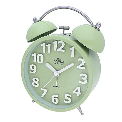 MPM Quality Design metalen wekker groen/pistacie - 3D-wijzerplaat - kwartsuurwerk - led-lichtfunctie - klassiek belletje