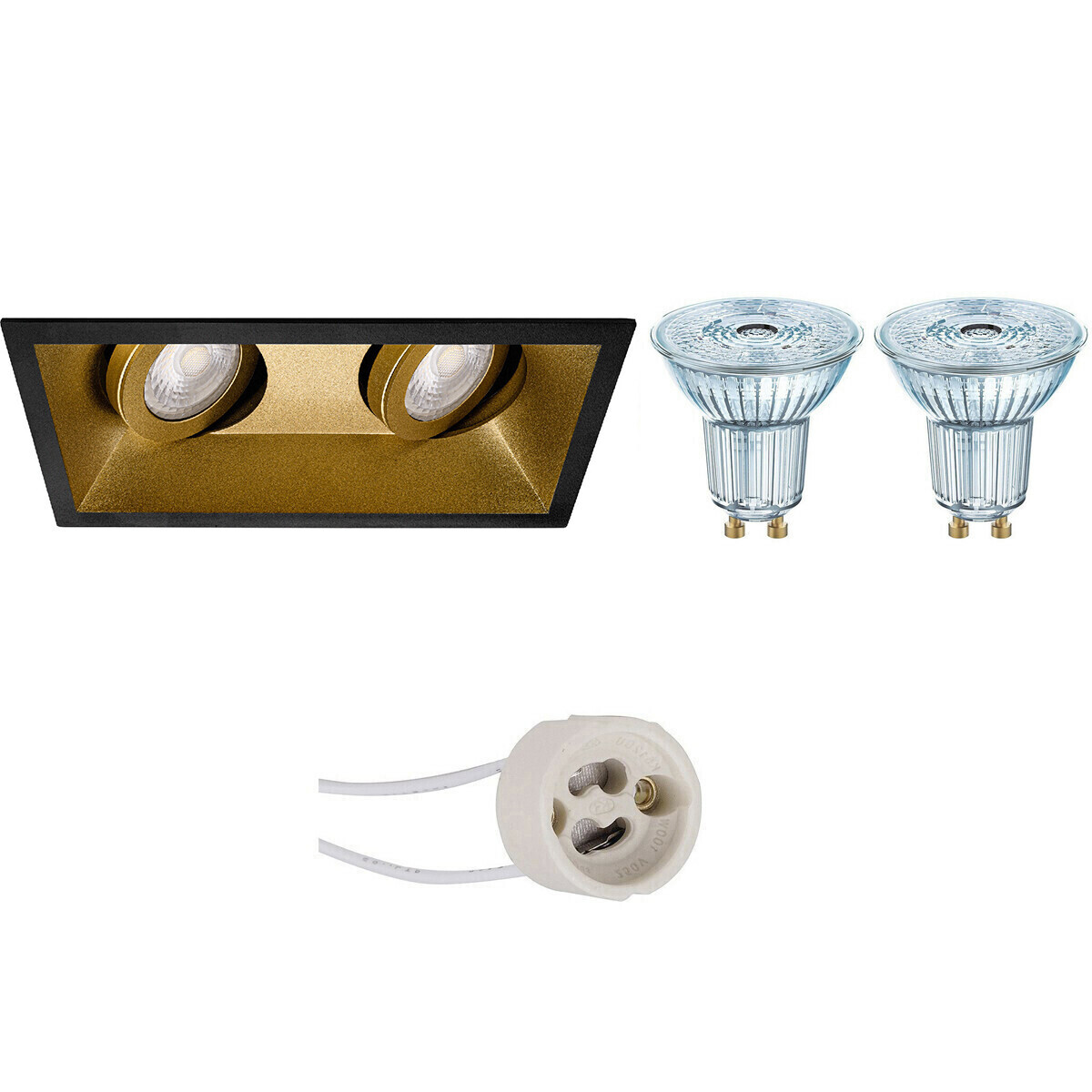 Osram Voordeelset - LED Spot Set - Parathom PAR16 927 36D - Pragmi Zano Pro - GU10 Fitting - Dimbaar - Inbouw Rechthoek Dubbel - Mat Zwart/Goud - 5.5W - Warm Wit 2700K - Kantelbaar - 185x93mm