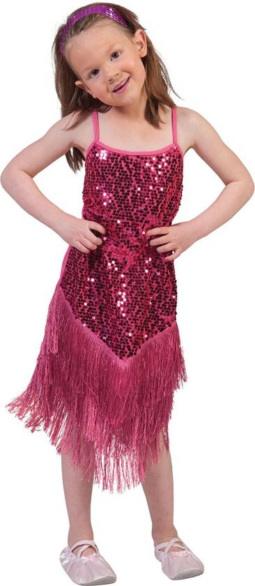 Funny Fashion Jaren 20 Danseressen Kostuum Glitter Fancy Flapper Jurk Roze Meisje Maat 128 Carnaval kostuum Verkleedkleding