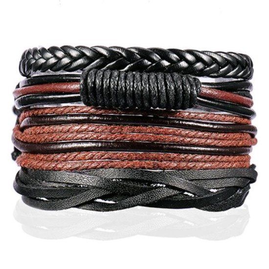 LGT JWLS LGT Jewels Heren armbanden Set Gevlochten leer Touw Zwart Bruin