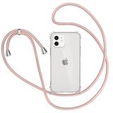 XTCASE Beschermhoes voor iPhone 12 / iPhone 12 Pro halsketting, beschermhoes met koord, nekband, koord van touw, transparante siliconen beschermhoes met koord, schouderriem, roségoud