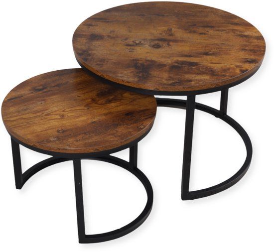 SensaHome Salontafel Set Rond - Antieke Ronde Houten Tafelset - Grote Tafel 58x40cm, Kleine Tafel 43x33cm - Hout