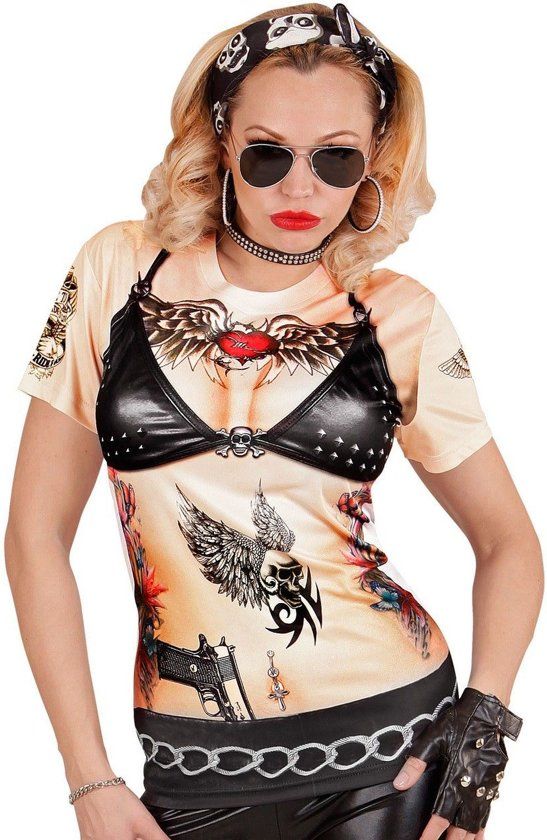 Widmann Aso & Biker & New Kids Kostuum T-Shirt Rocker / Biker Nadja Vrouw Small / Medium Carnaval kostuum Verkleedkleding